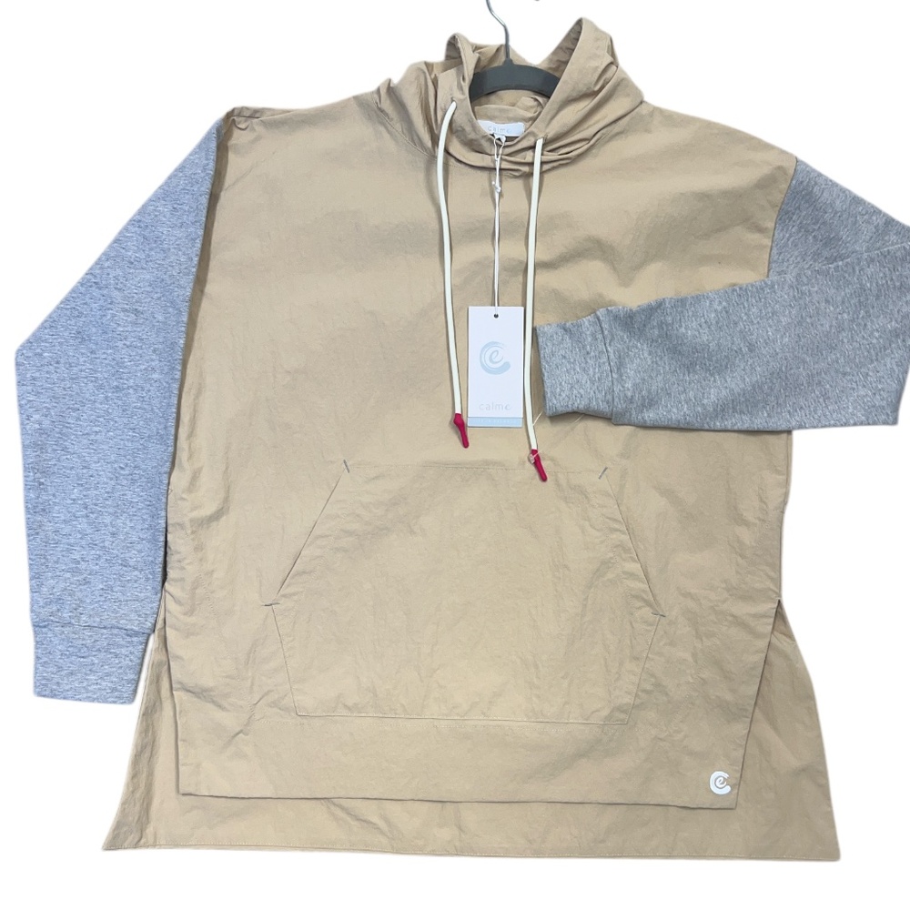 Calme by Johnny Tan Mix Nylon Hooded Pullover Kangaroo Pockets Oversized Cozy XS